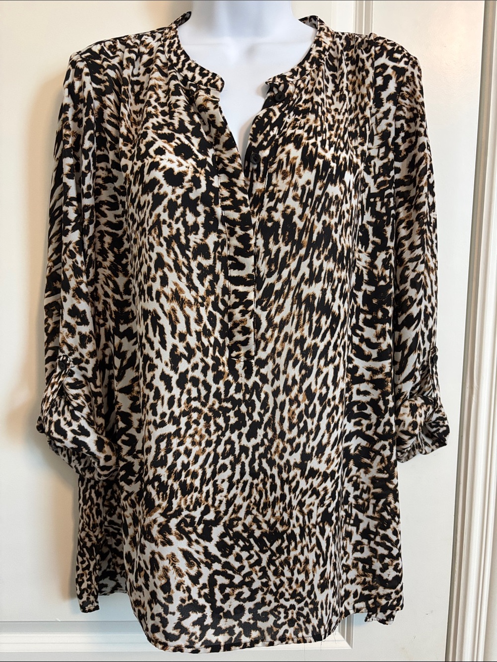 A.N.A. Leopard Print V-Neck Blouse - Black, Cream & Brown size L